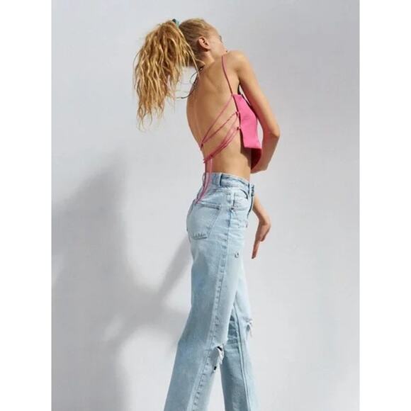 ZARA Flowy Crop Top Square Neck Spaghetti Strap Lace Up Open Back Tank Top Pink - Picture 14 of 14